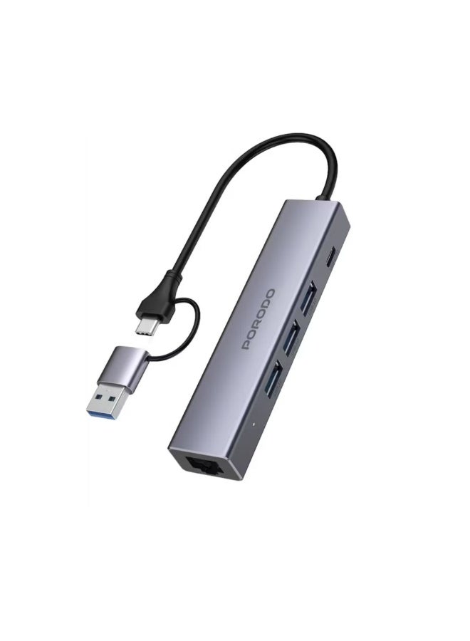 بورودو موزع متعدد المنافذ 5 في 1 مزود بمنافذ RJ45 وUSB-C وثلاثة منافذ USB 3.0، يدعم توصيل الطاقة بقدرة 100 واط، هيكل من سبائك الألومنيوم، توافق عالمي، تصميم سهل الاستخدام - رمادي - Image 1